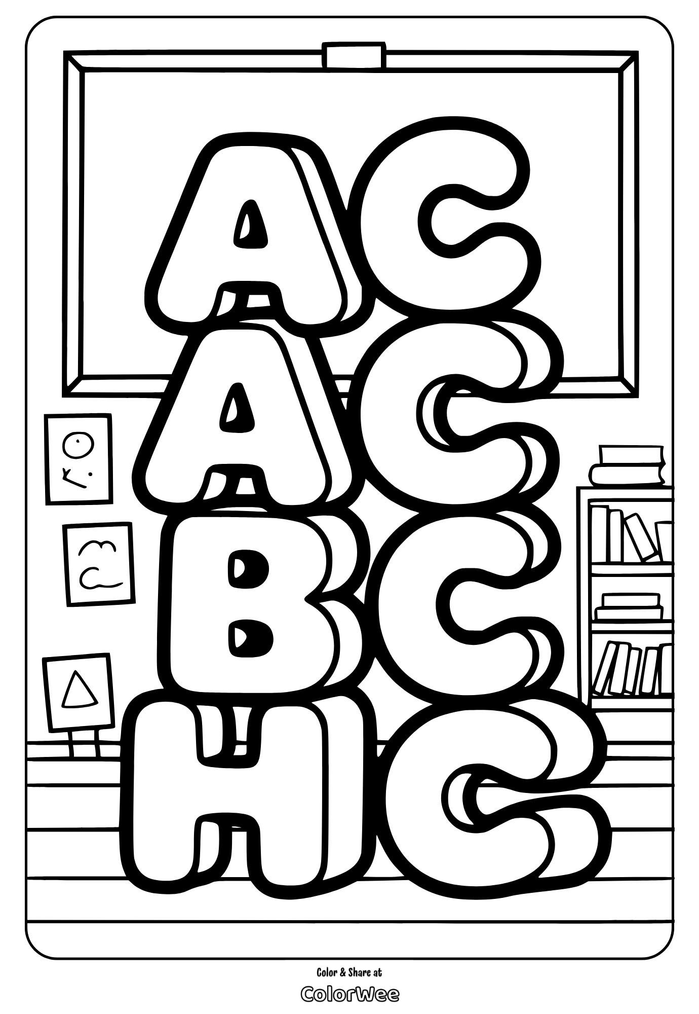 Alphabet letters coloring page with classroom background