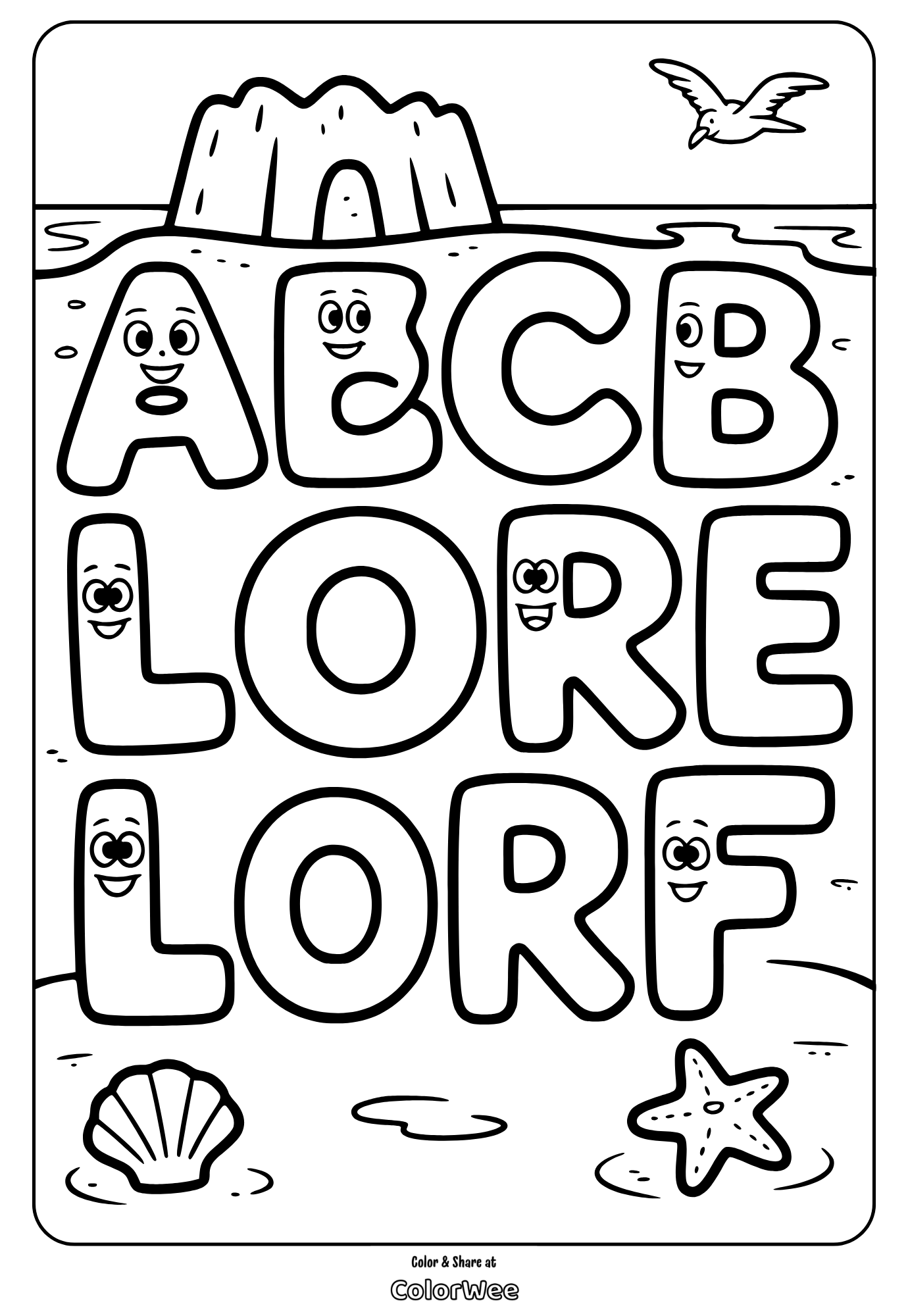 Smiling letters coloring page with beach theme for kids.