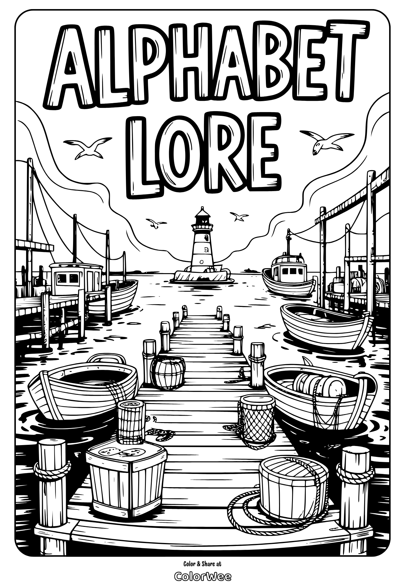 Alphabet Lore: Dock scene coloring page with lighthouse and boats.