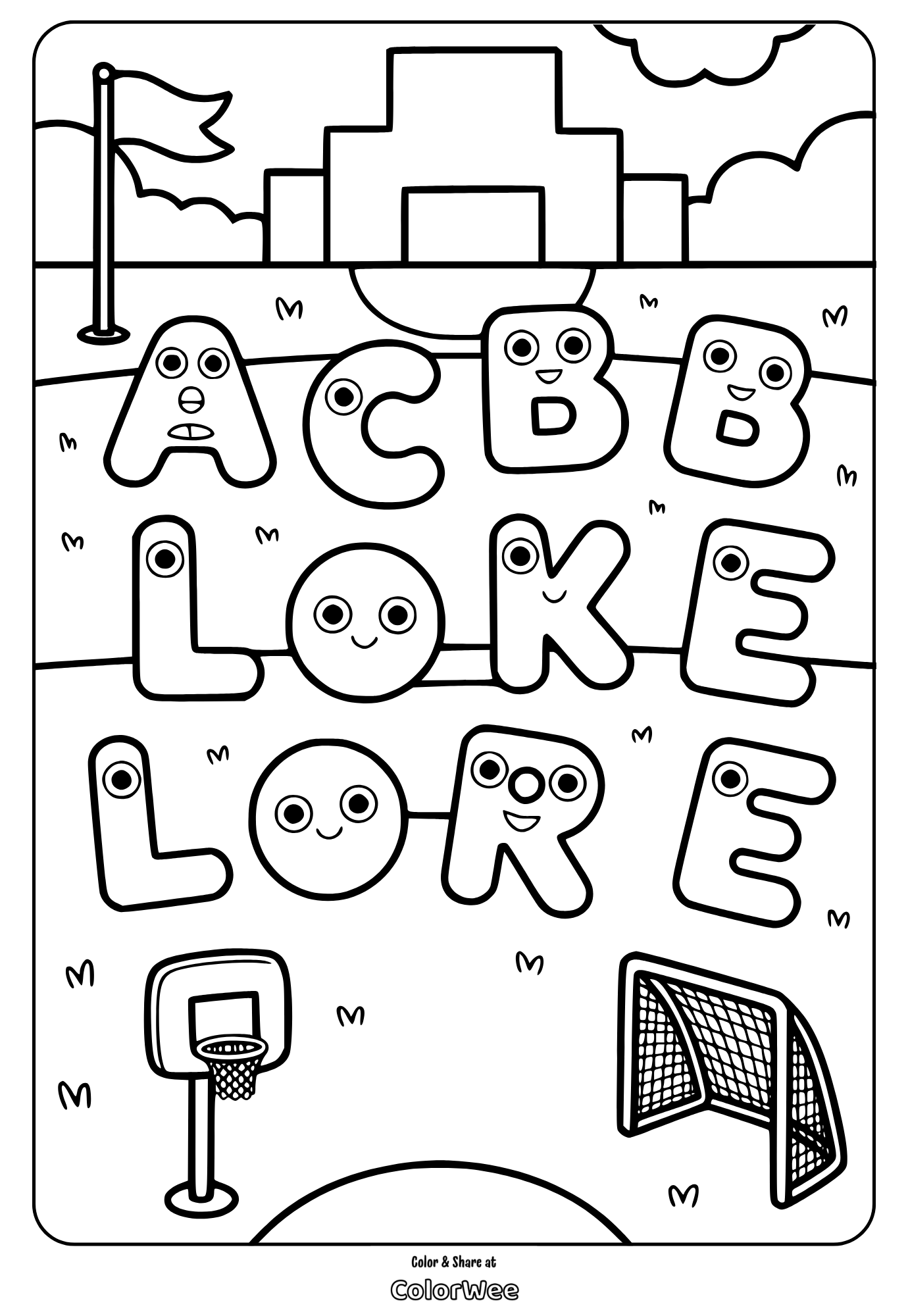 Smiling alphabet letters in playground coloring page for kids.