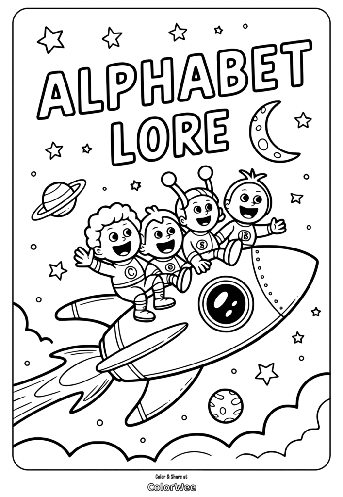 Kids on a rocket ship in space coloring page, alphabet lore theme.