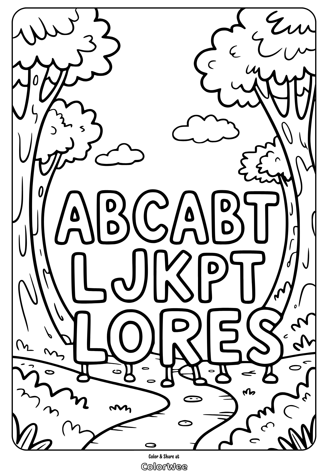 Alphabet forest coloring page with letters and trees to color.