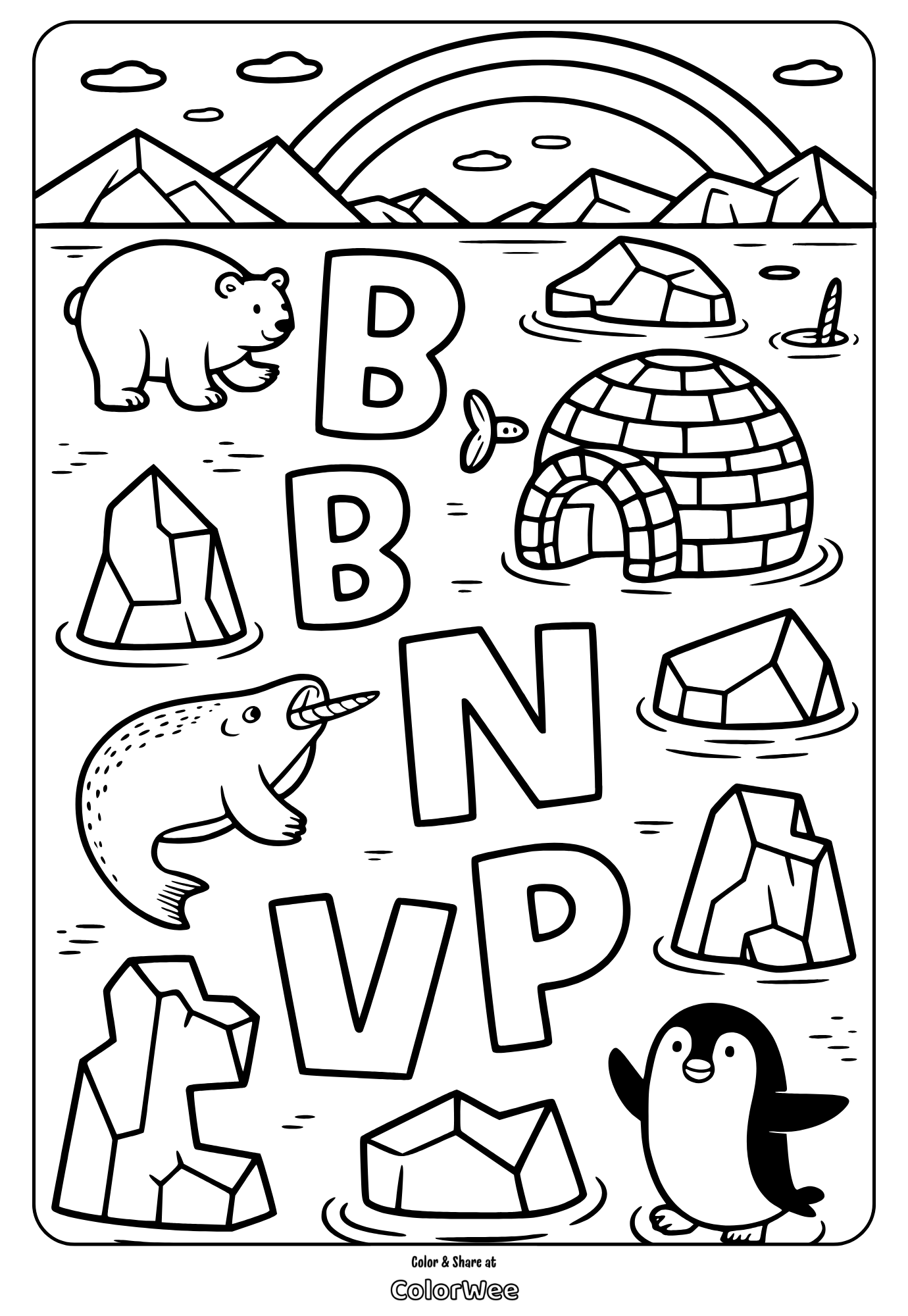 Arctic animals coloring page with polar bear, penguin, and narwhal.