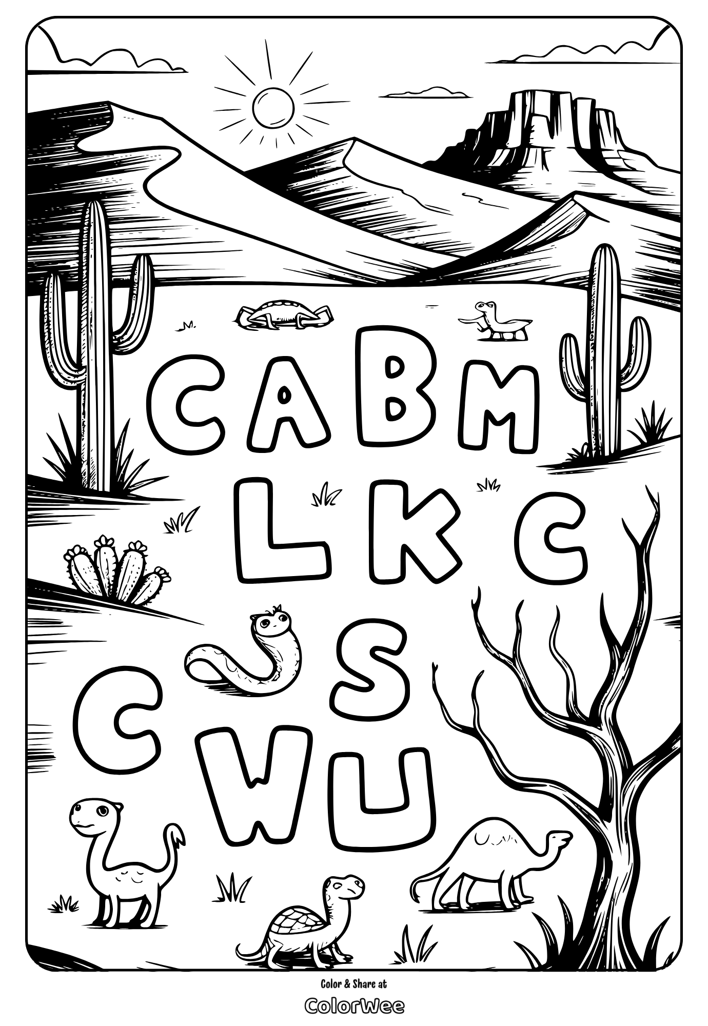 Desert alphabet coloring page with animals and cactus.