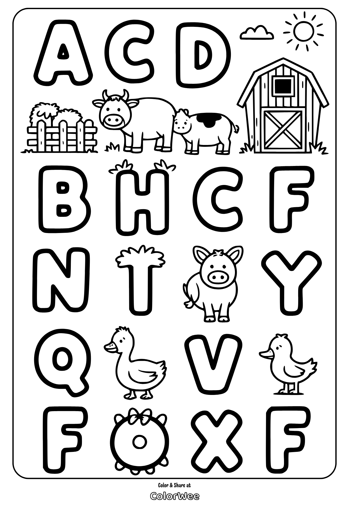 Farm animal alphabet coloring page with barn, cow, pig, and duck.