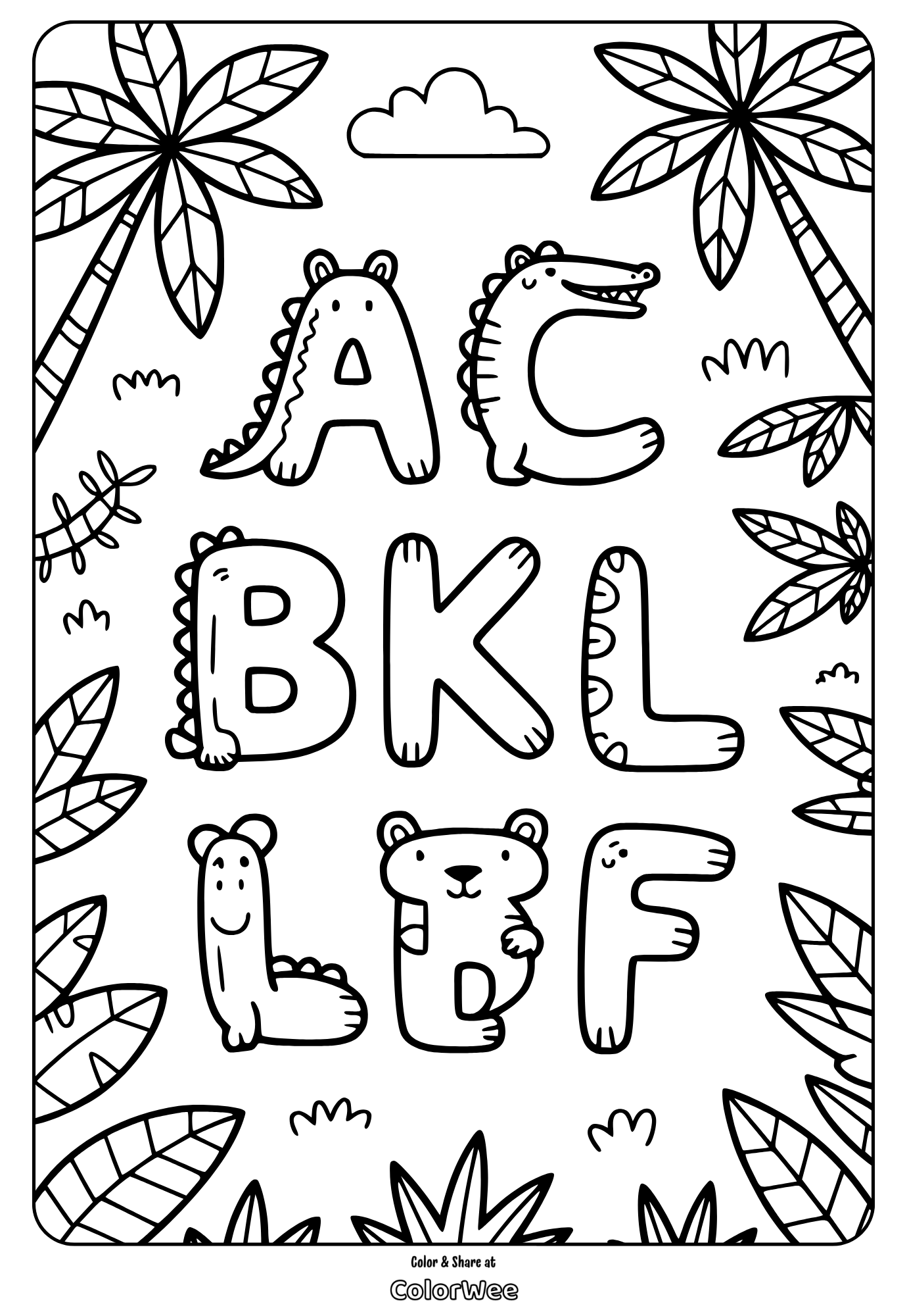 Animal-themed alphabet coloring page, letters A, B, C, K, L, F.