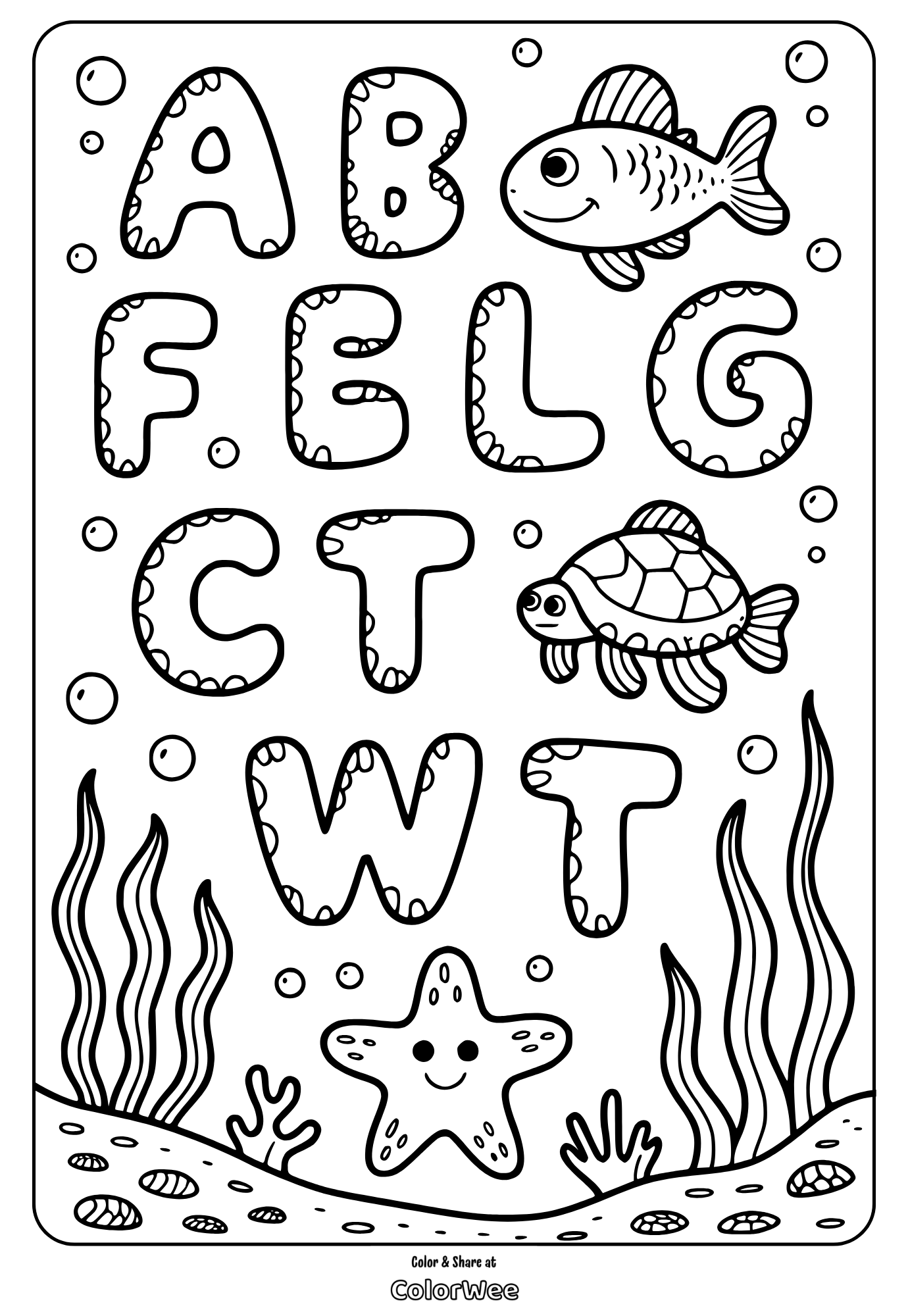 Underwater letters coloring page with fish and starfish.