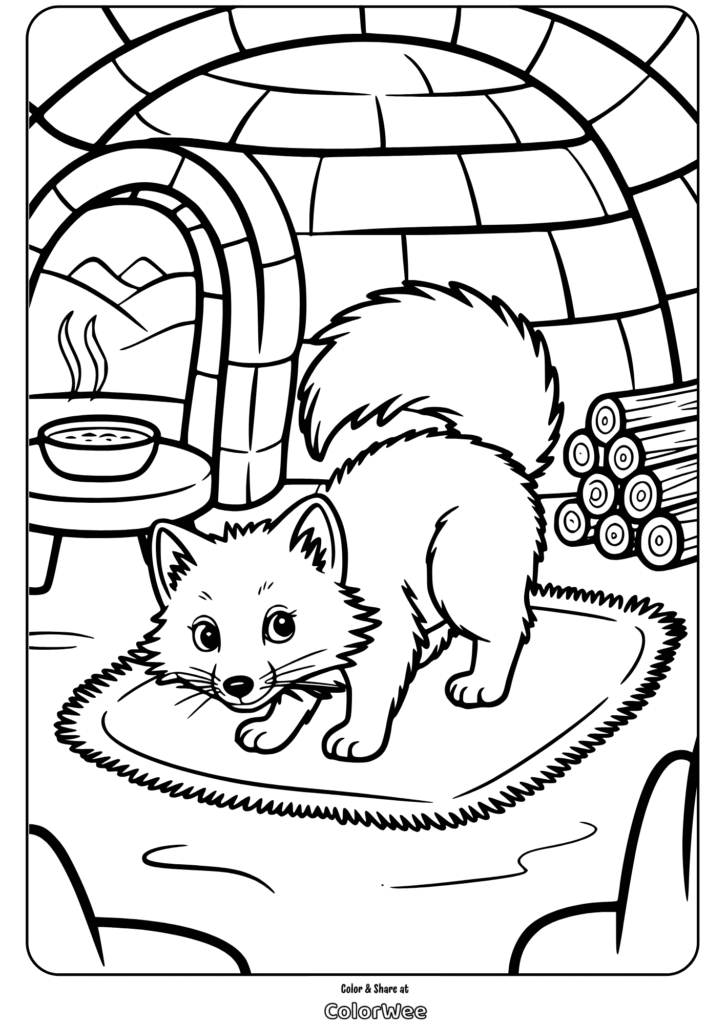 Coloring page of a playful fox in front of an igloo and logs.