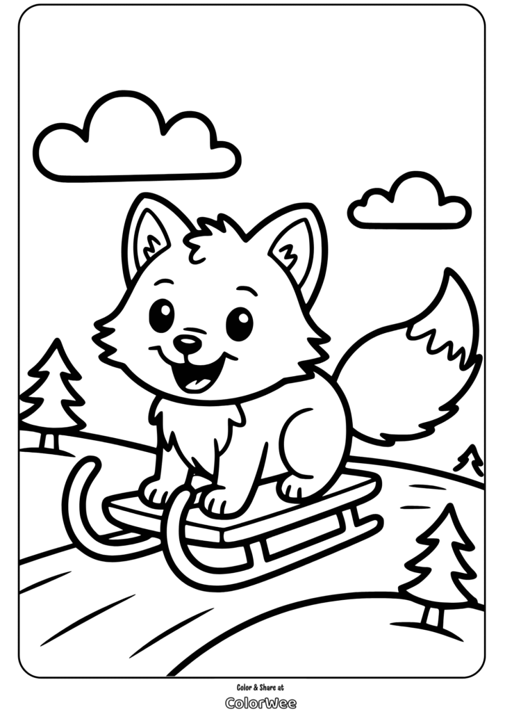 Fox sledding in winter-themed coloring page for kids.