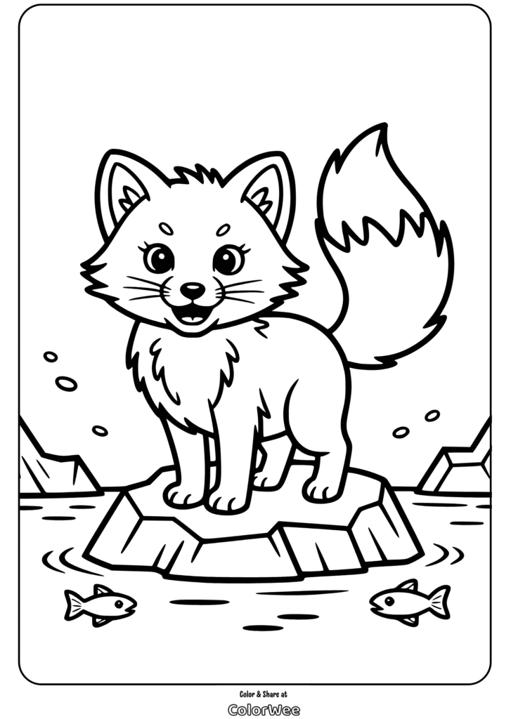 Cute fox on ice with fish coloring page.