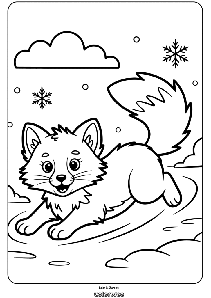 Cute fox in snowy scene coloring page for kids.