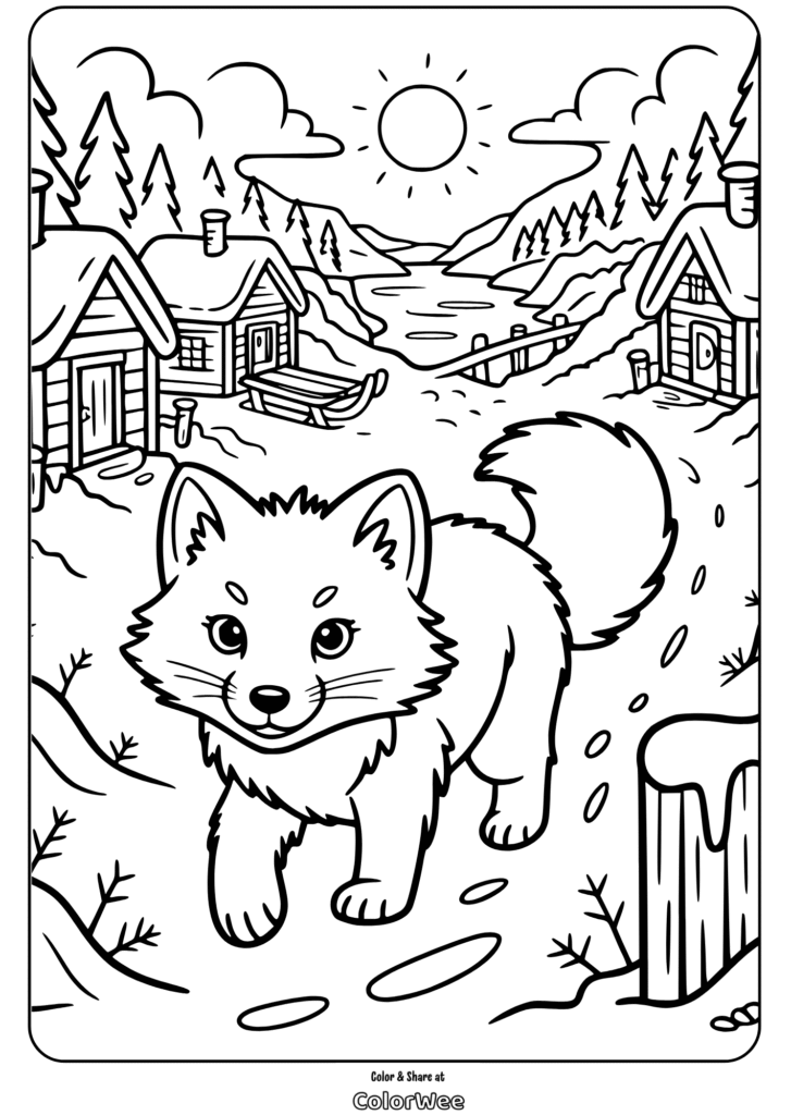 Cute winter fox in snowy village coloring page scene.