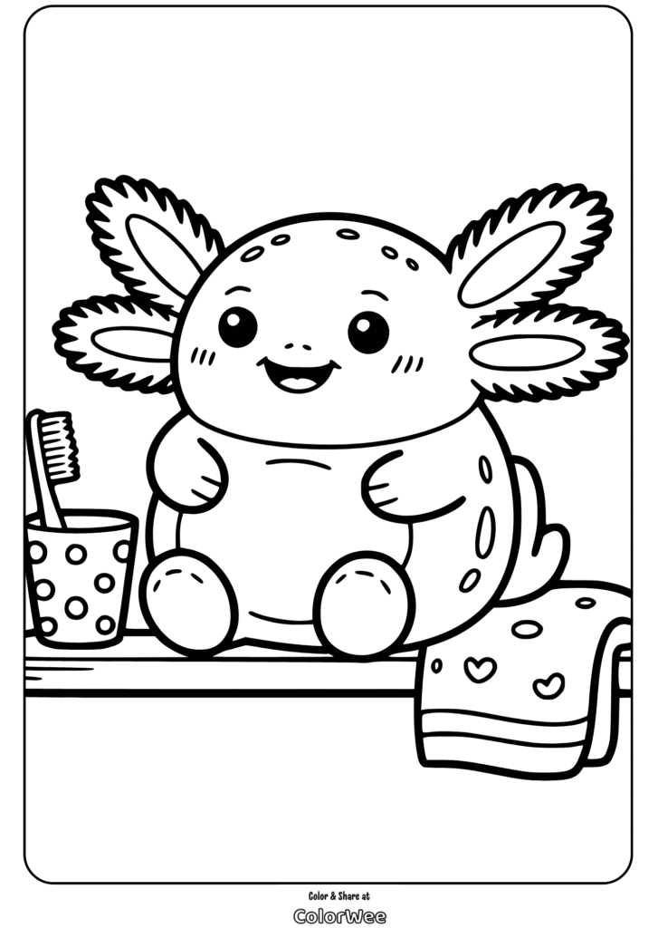 Cute axolotl coloring page with toothbrush and towel.