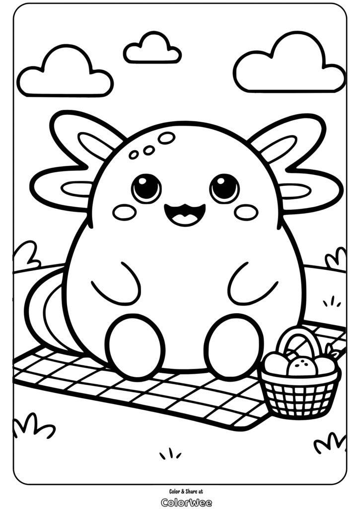 Cute creature with wings having a picnic coloring page.