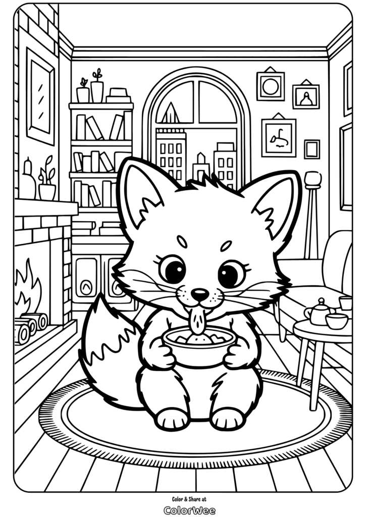 baby fox eating coloring page Cute fox coloring page with cozy living room background.