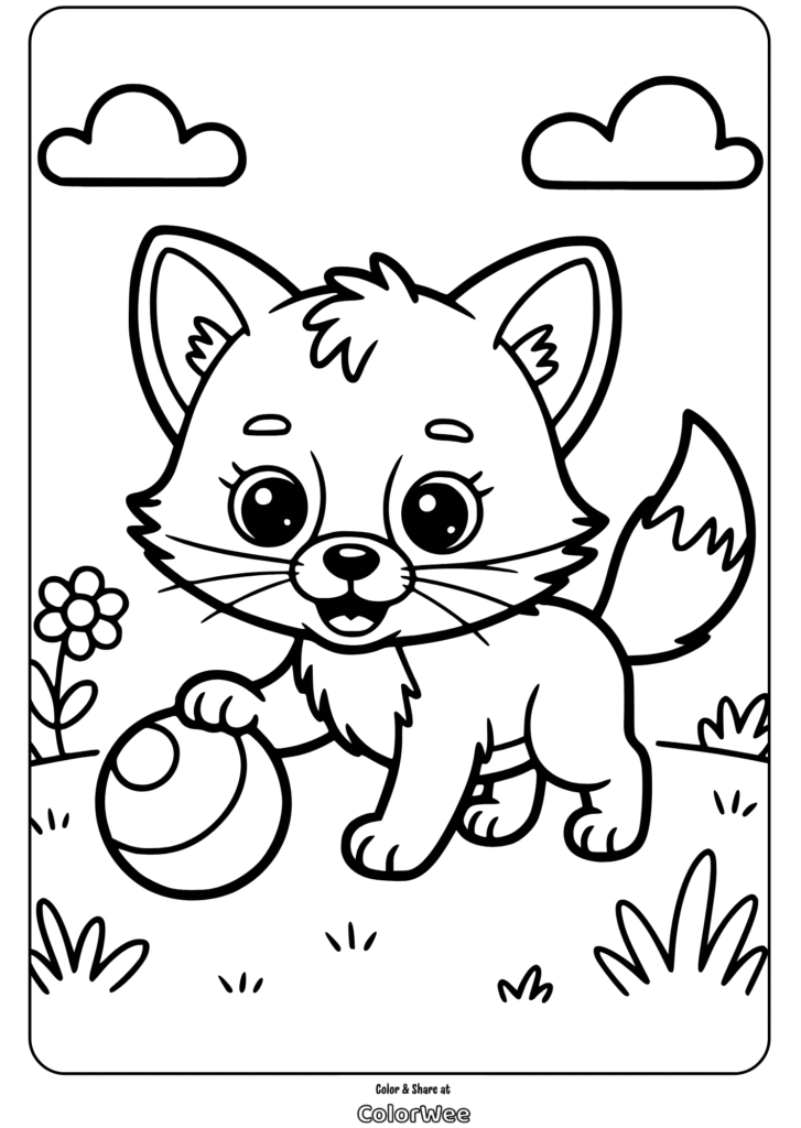 baby fox playing with a ball coloring page Cute fox with ball coloring page for kids.
