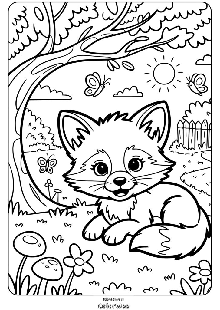 baby fox resting under big tree coloring page Cute fox in a sunny garden coloring page with butterflies.