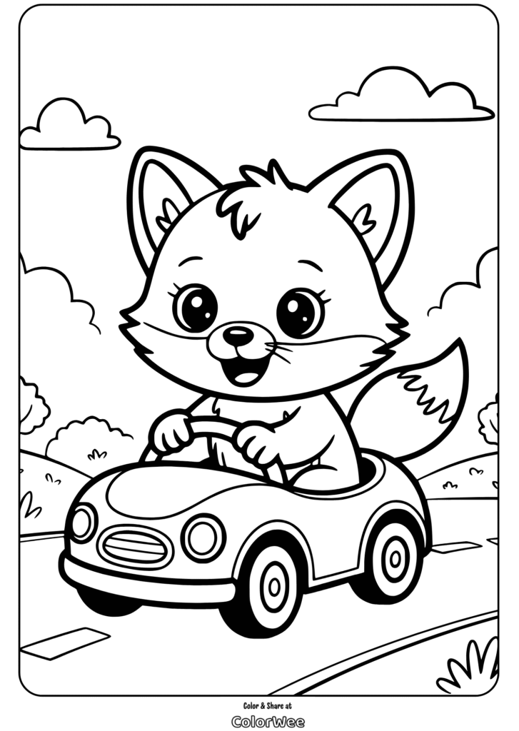 Cute fox driving a car coloring page for kids.