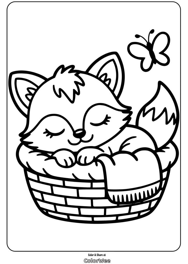 baby fox sleeping in a basket coloring page Cute sleeping fox with butterfly, coloring page.