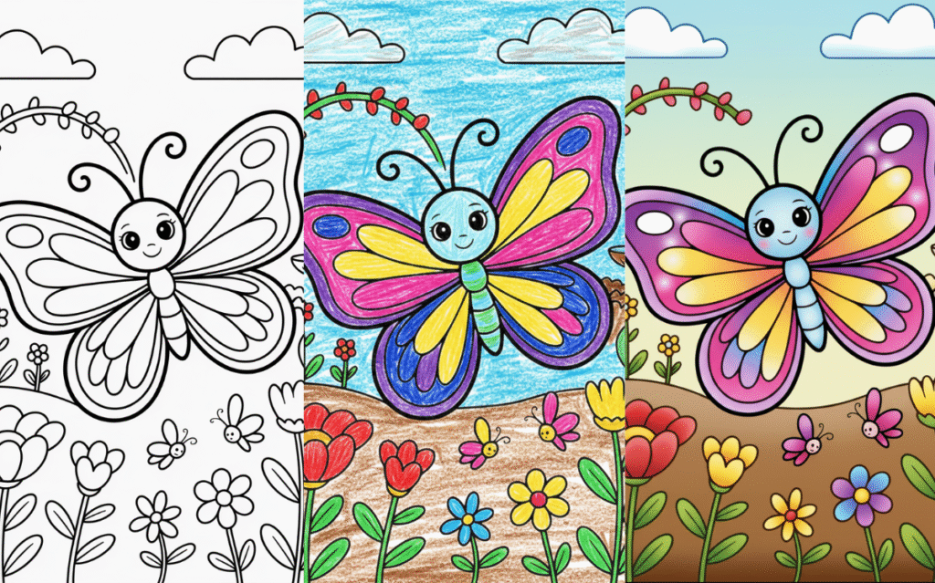 Cute butterfly coloring page with blooming flowers and clear skies.
