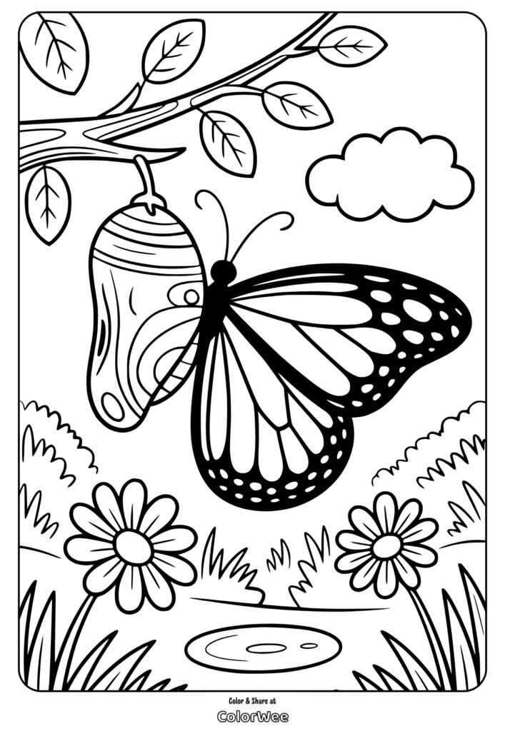 Butterfly and chrysalis coloring page with flowers and nature.