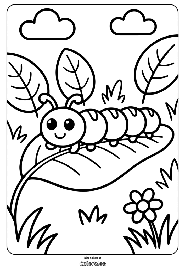 Cute caterpillar coloring page for kids, with leaves and flowers.