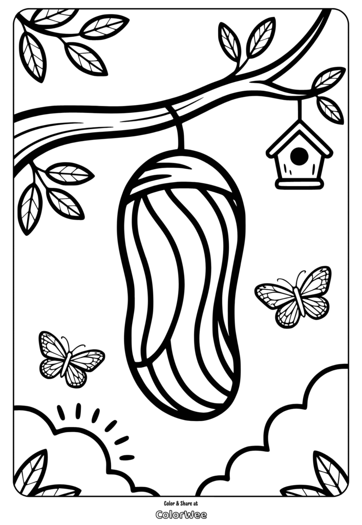 Butterfly chrysalis coloring page with birdhouse and butterflies.