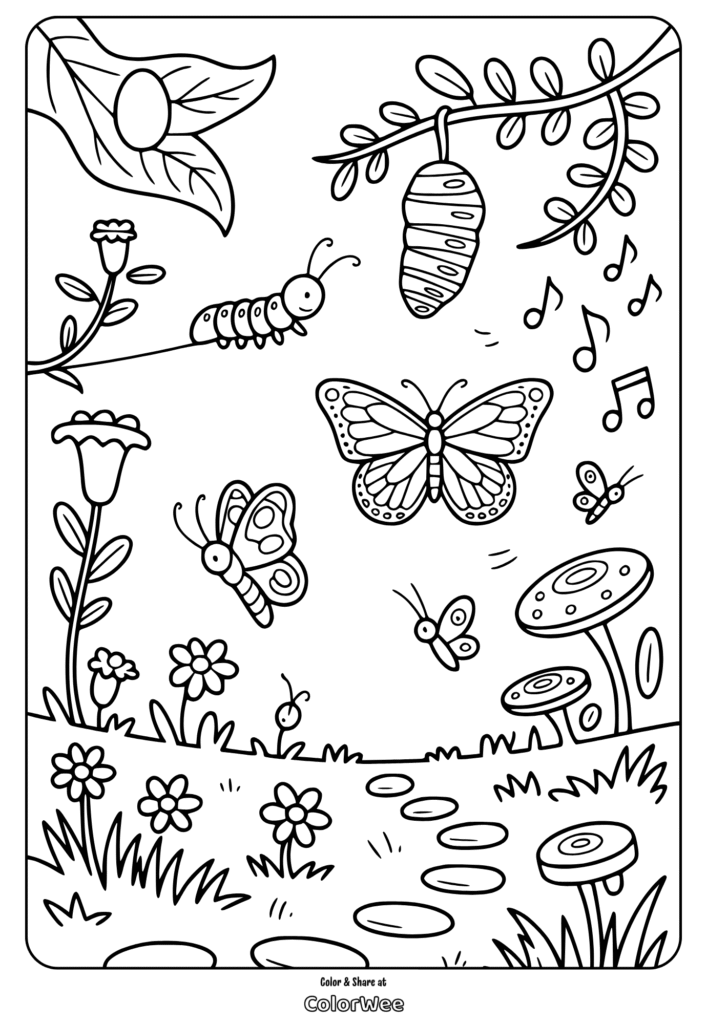 Caterpillar and butterflies in a garden coloring page.