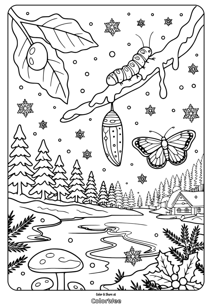 “Winter forest with caterpillar, butterfly, and cabin coloring page.”