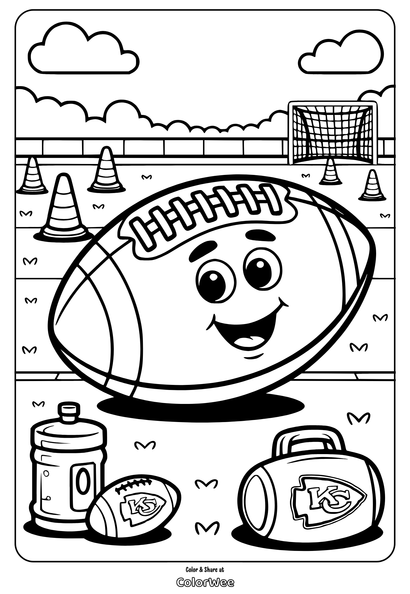 Smiling football coloring page with cones and goalpost in background.