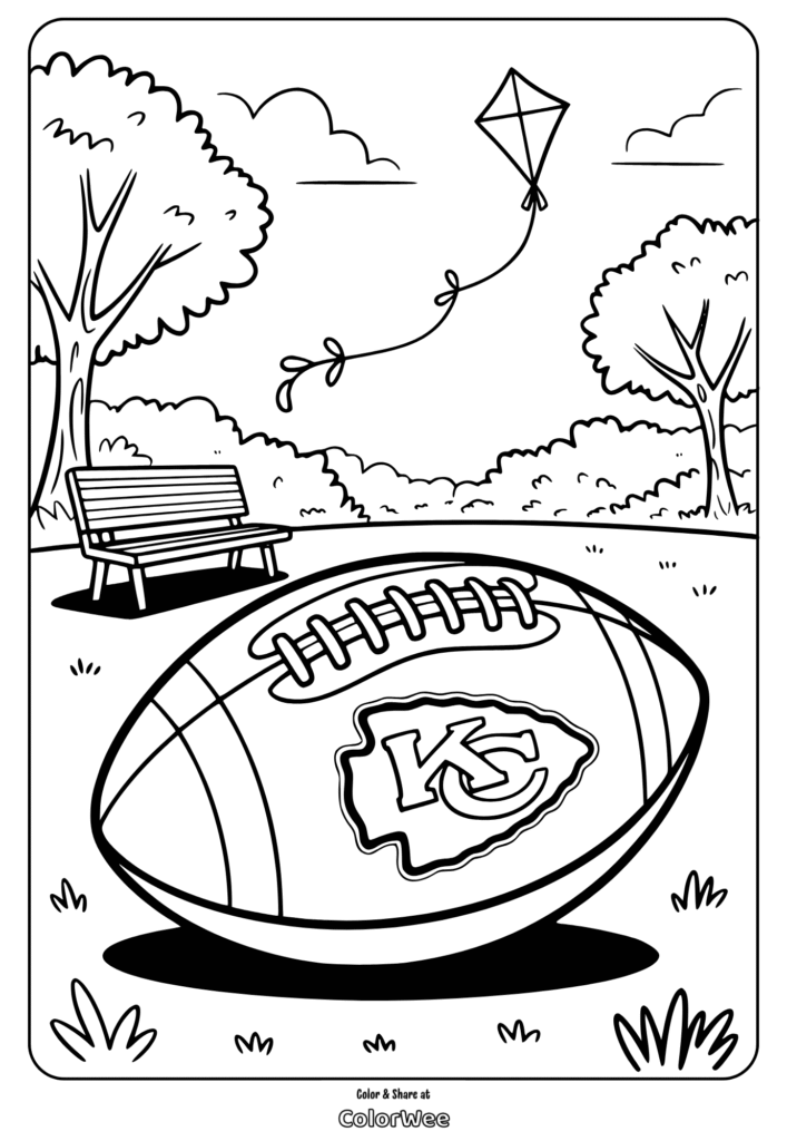 Park scene with a football, kite, bench, and trees. Coloring page.