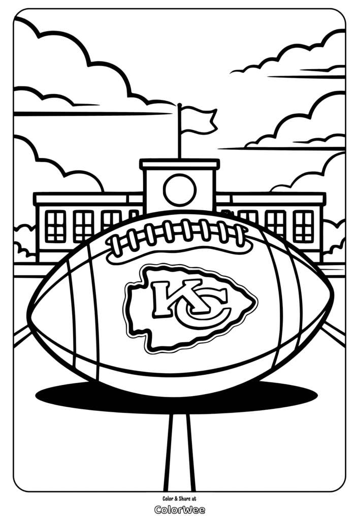 Coloring page: football with KC logo in front of school building.
