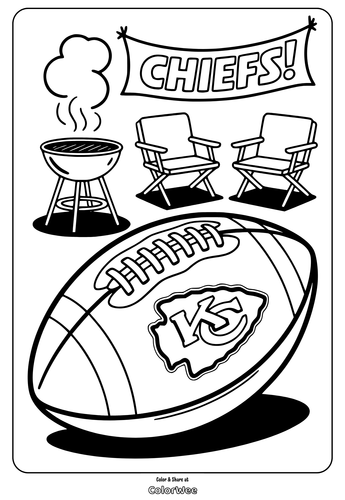 Coloring page: Kansas City Chiefs-themed football with BBQ grill and chairs.
