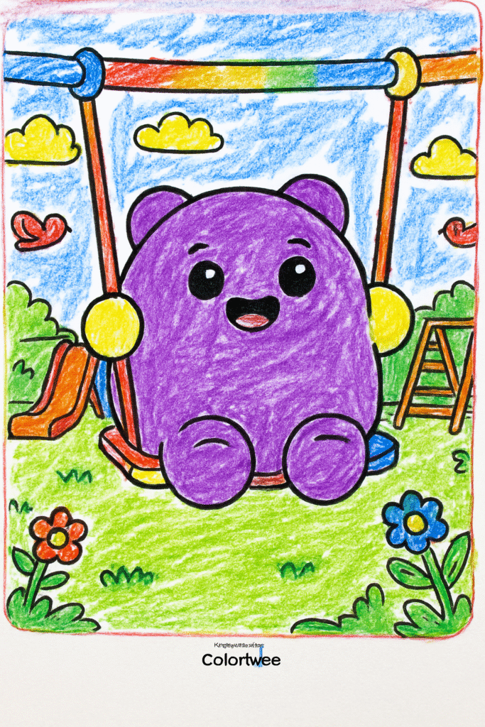Purple bear on swing with flowers and sky coloring page.