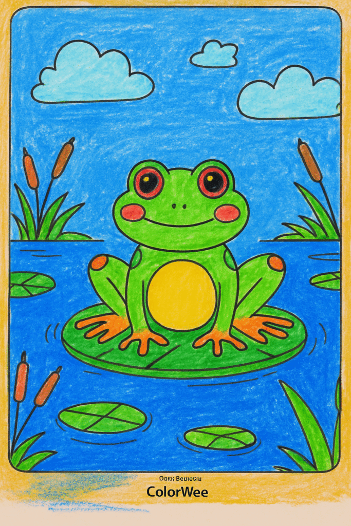 Frog on lily pad coloring page with cattails and blue sky.