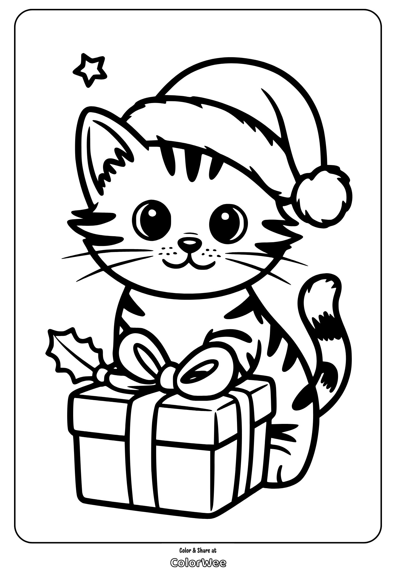 Cute cat in Santa hat with gift coloring page.