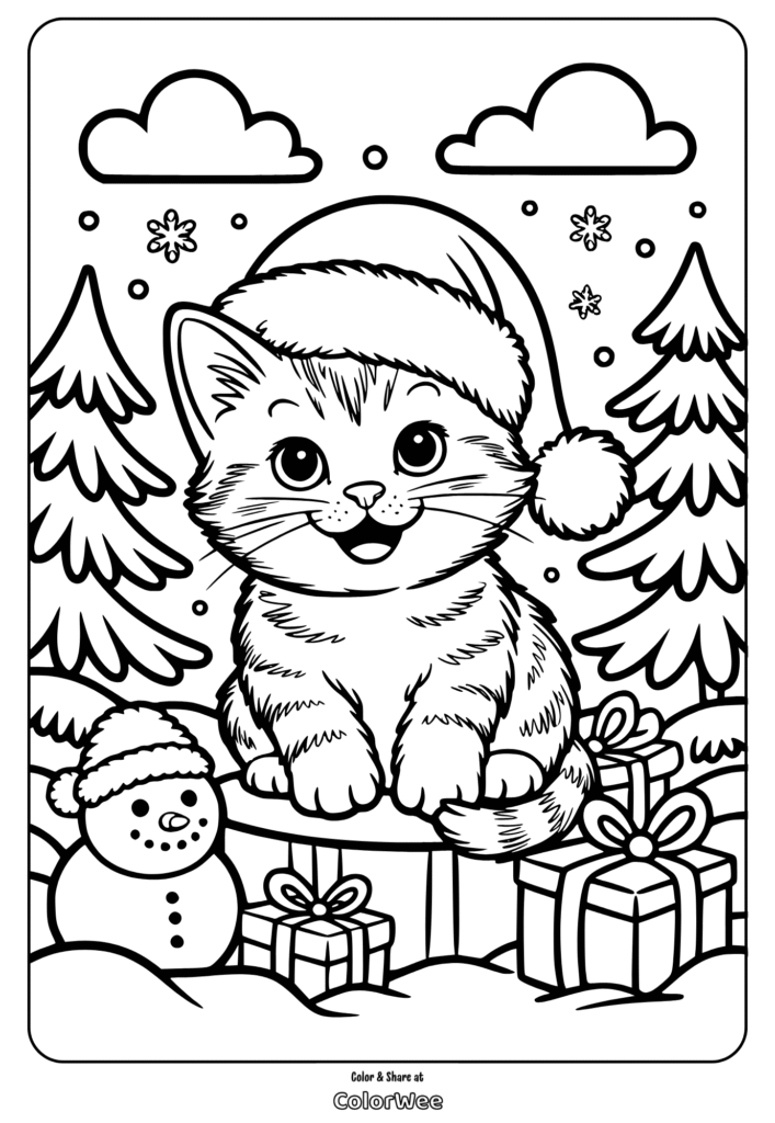 Cozy Christmas kitten coloring page with presents and snow.