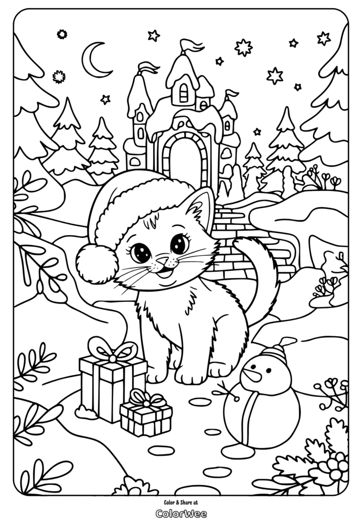 Cute kitten and snowman in winter wonderland coloring page.