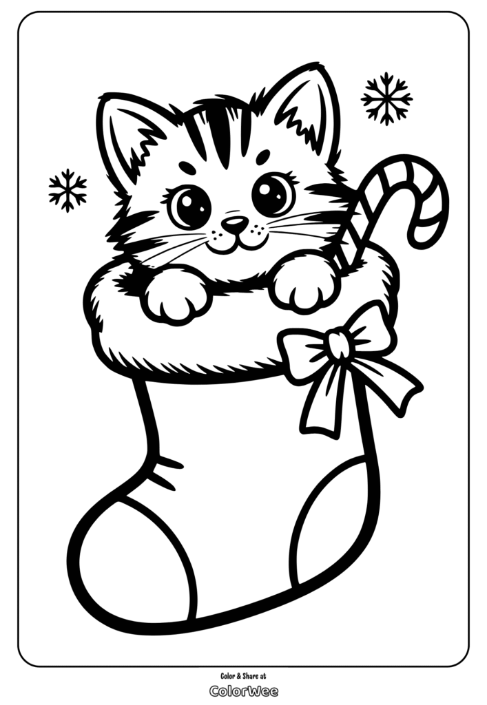 Cute kitten in Christmas stocking coloring page.