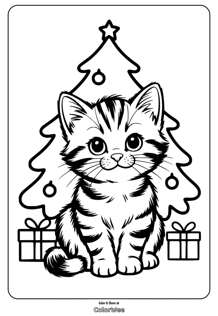 Cute kitten with Christmas tree and presents coloring page.