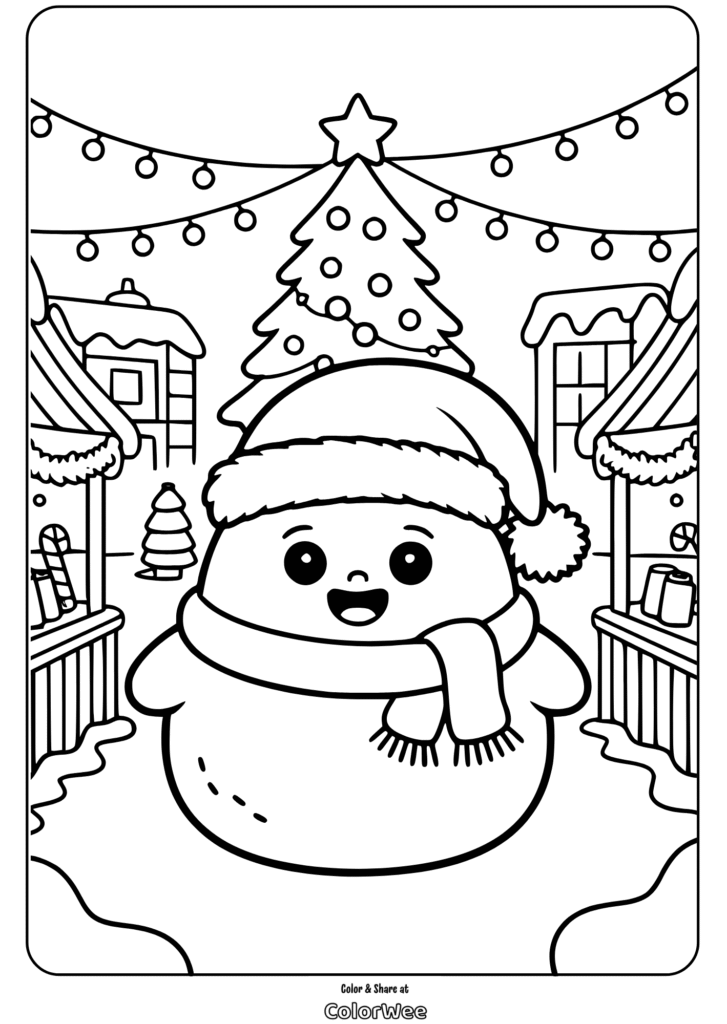 ```plaintext
Cute snowman in scarf with Christmas tree background
```