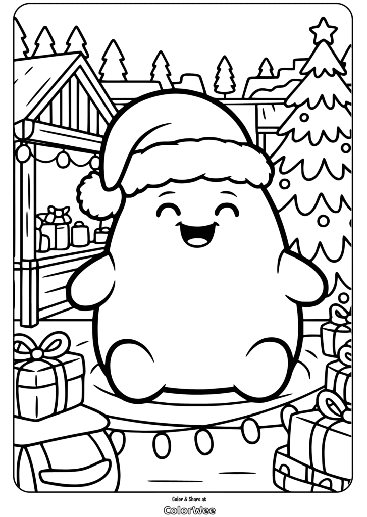 Cute holiday penguin with Santa hat and gifts.