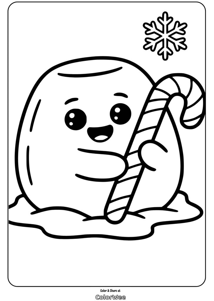 Cute snow character with candy cane and snowflake coloring page.