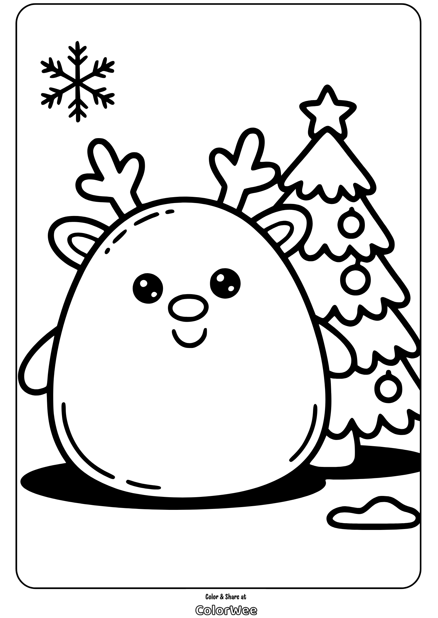 Cute reindeer Squishmallow with Christmas tree and snowflake for coloring fun.