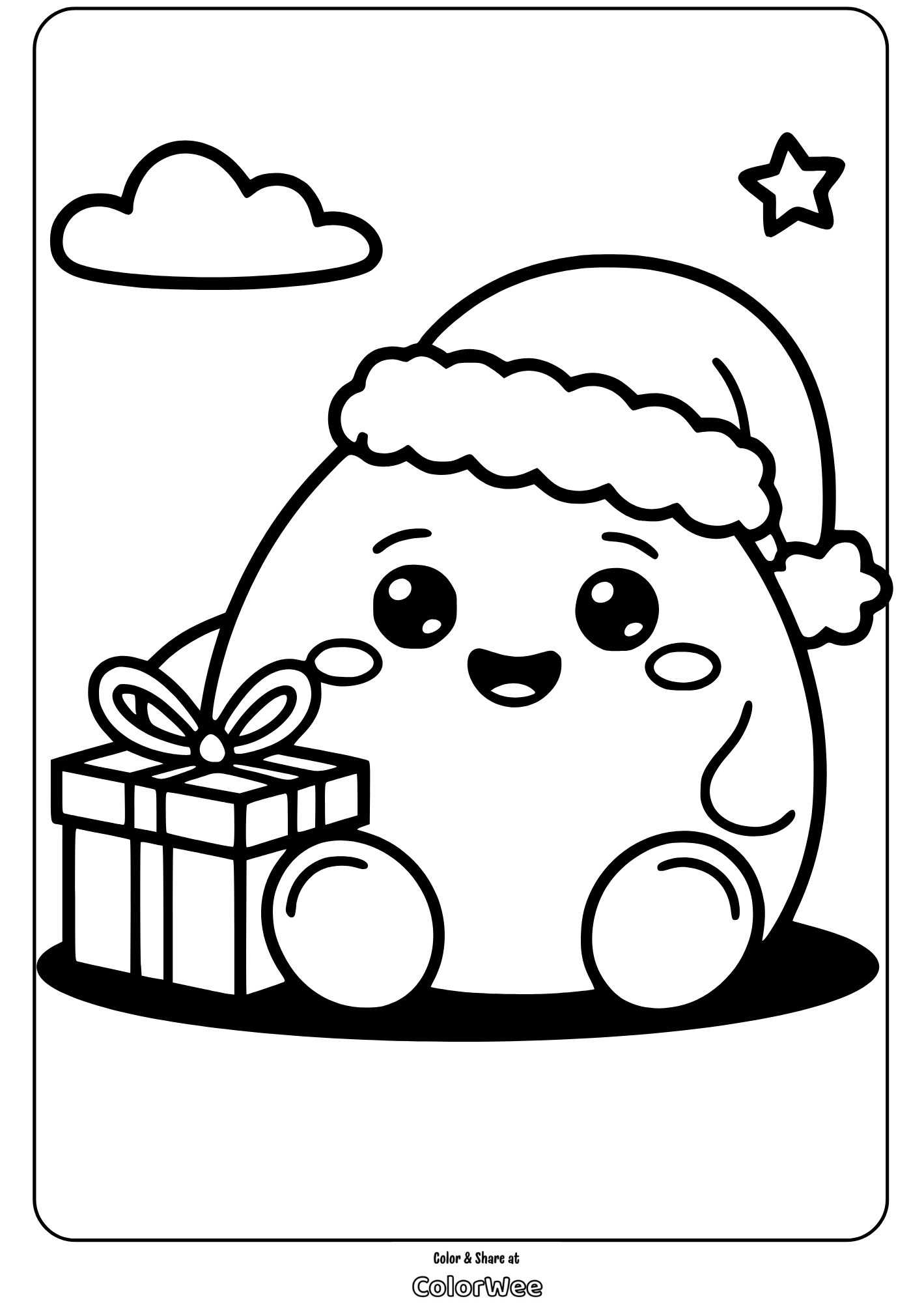 Squishmallow character with gift, wearing Santa hat, clouds and star.