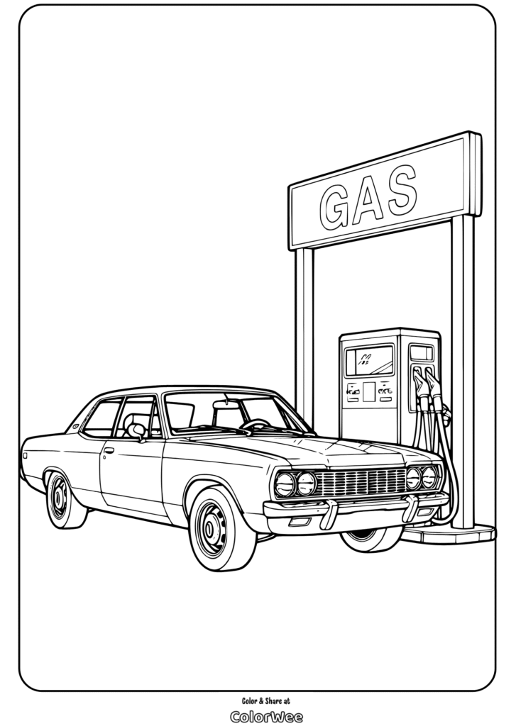 Classic car at a gas station coloring page.