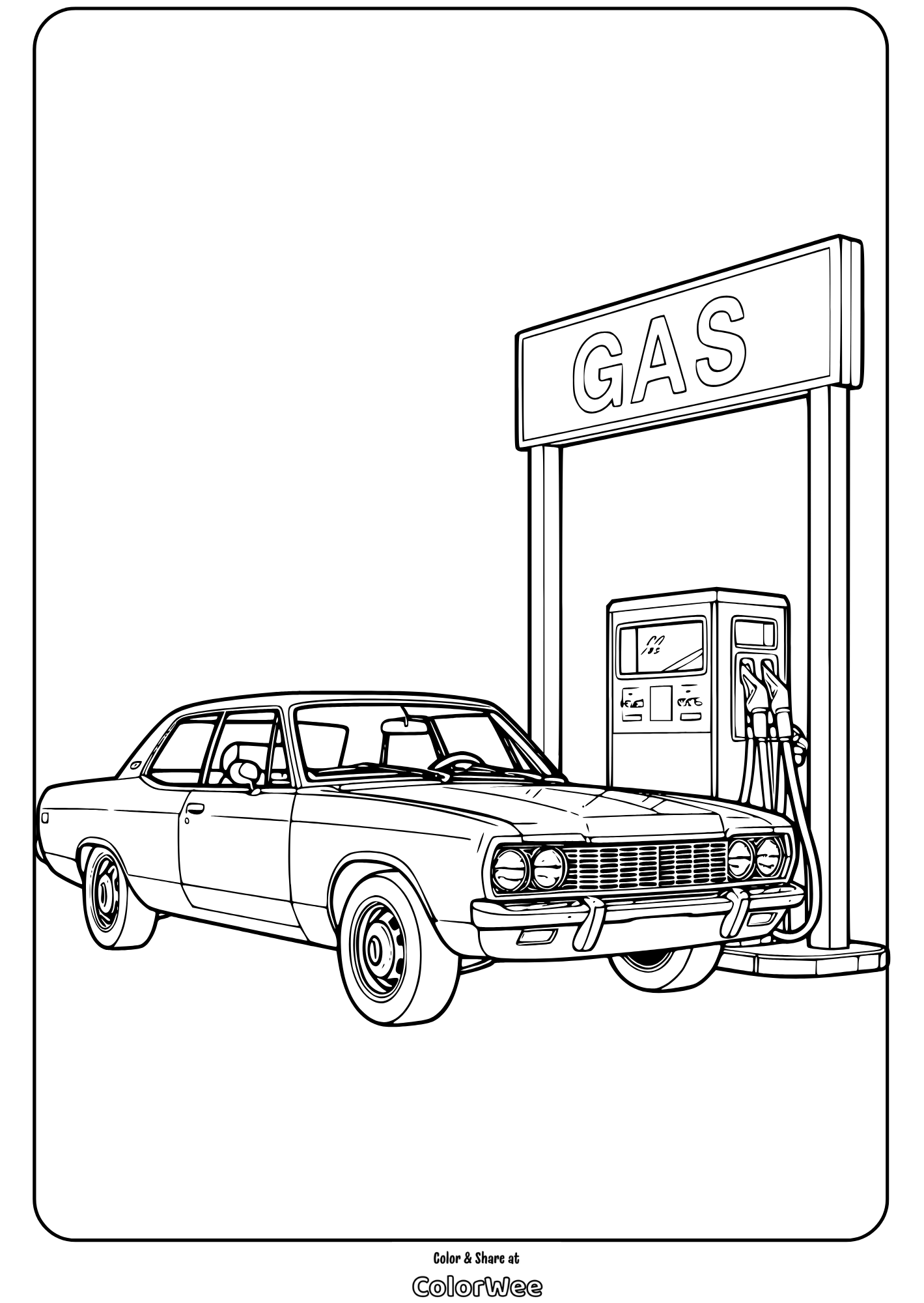 Classic car at a gas station coloring page.