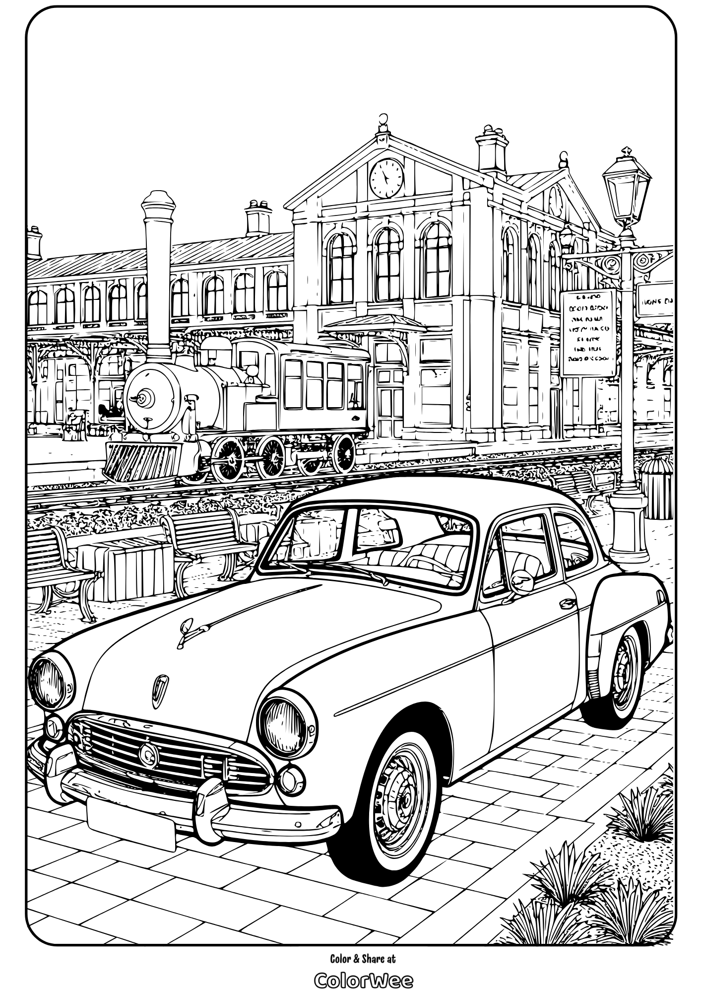 Classic car and steam train at vintage train station coloring page.
