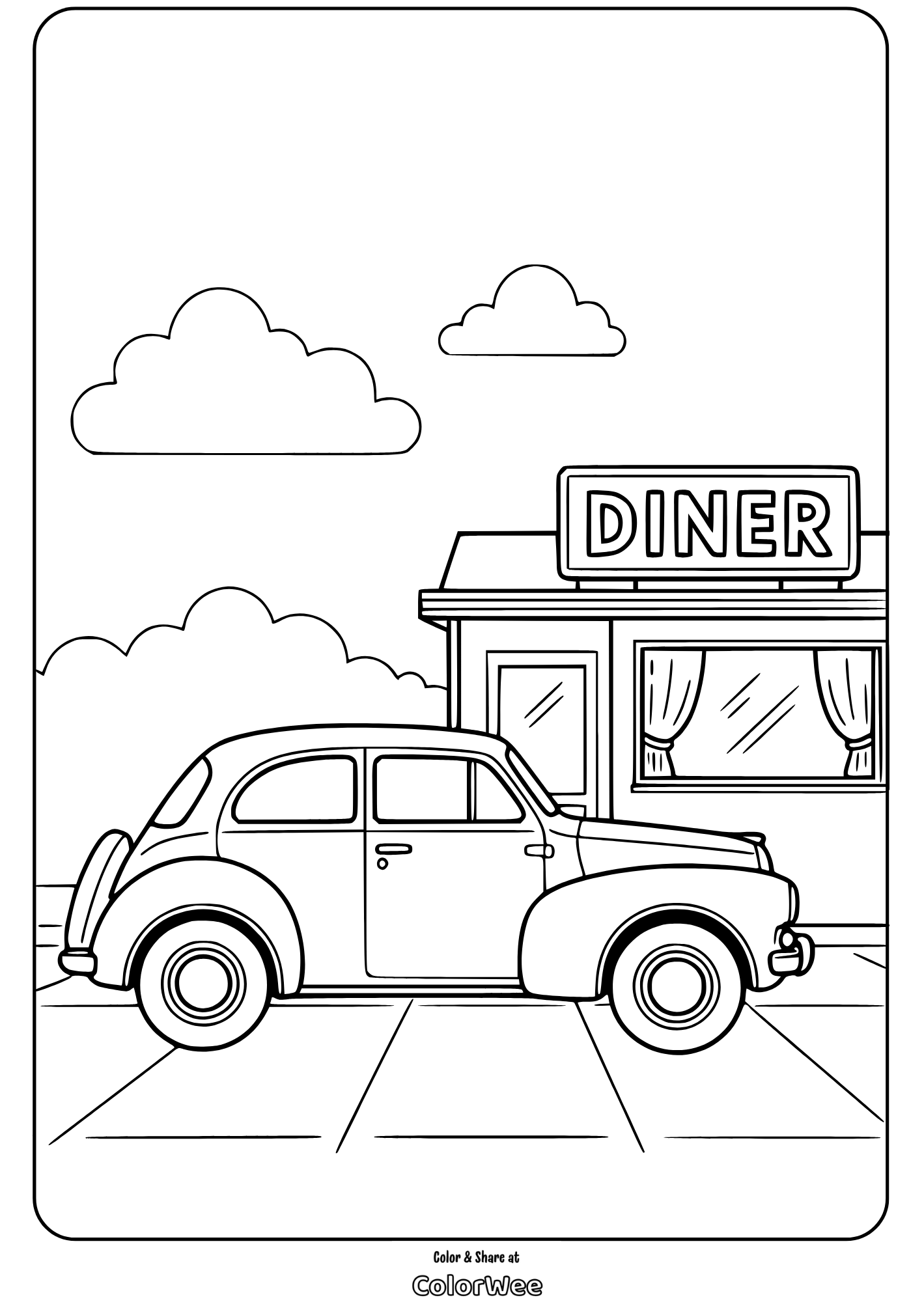 Classic car parked by a vintage diner for coloring fun.