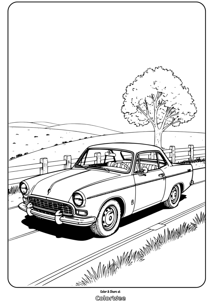 Vintage car coloring page with scenic countryside background.